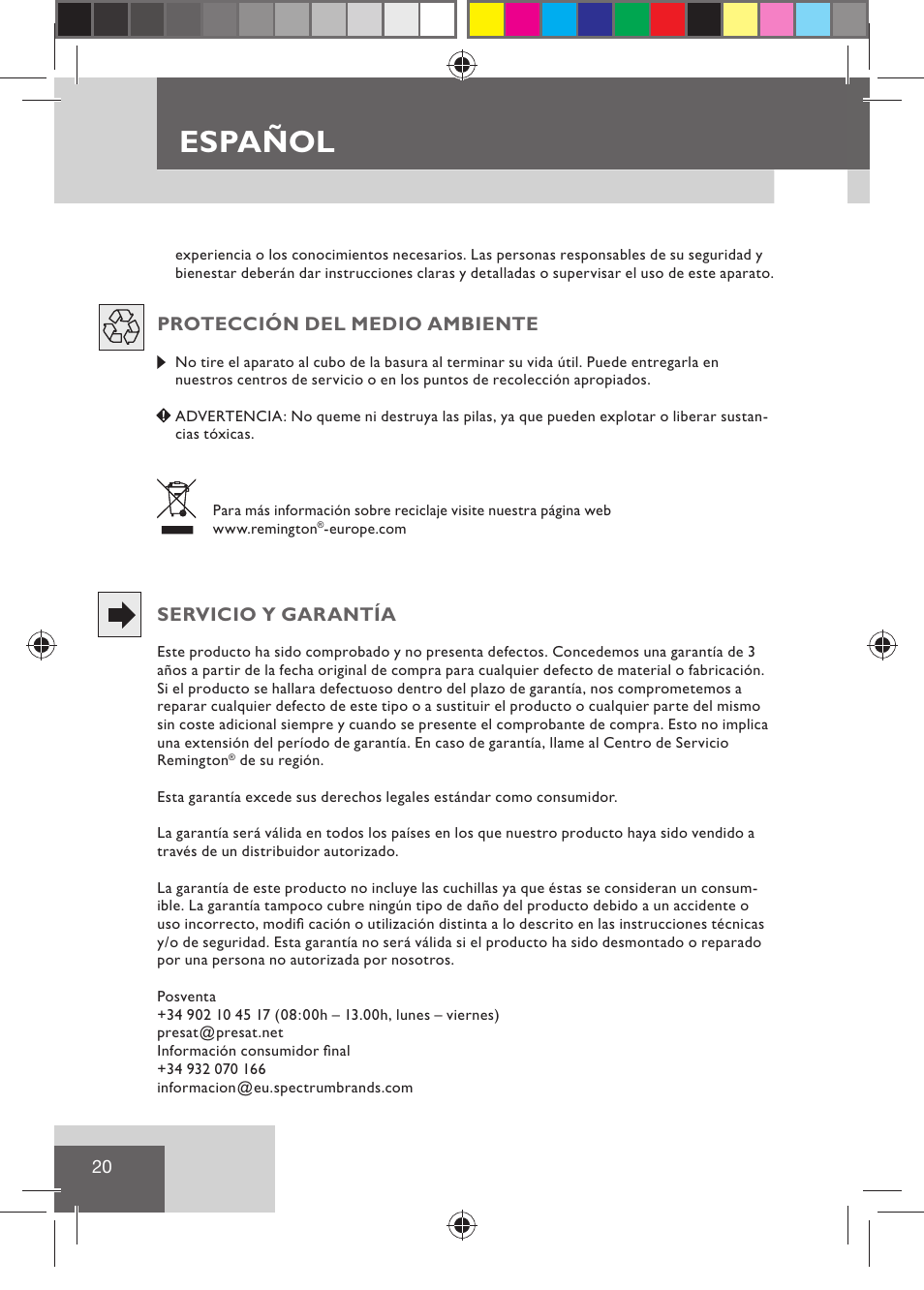 Español, Protección del medio ambiente, Servicio y garantía | Remington HC5015 User Manual | Page 22 / 90