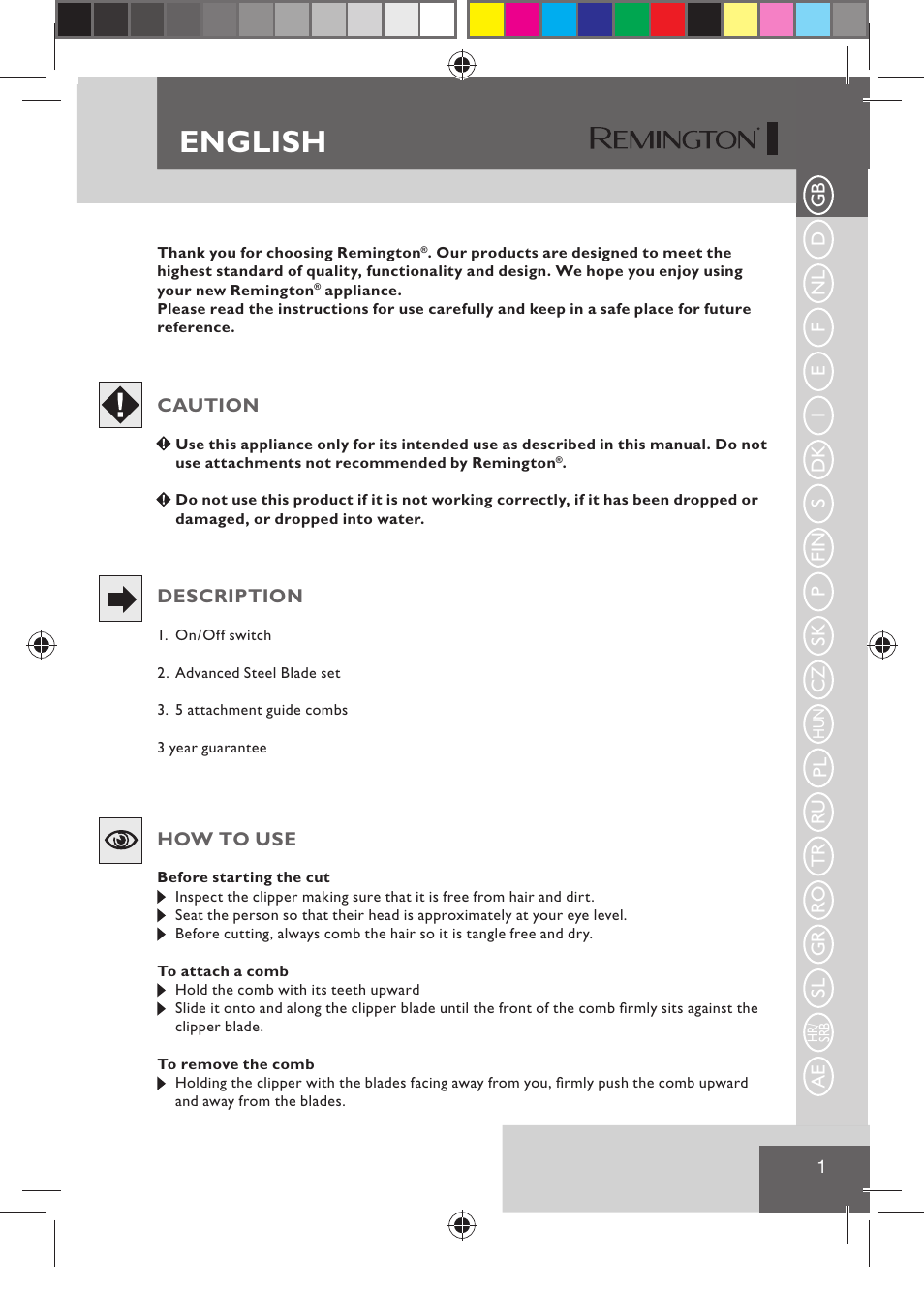 English | Remington HC5015 User Manual | Page 3 / 90