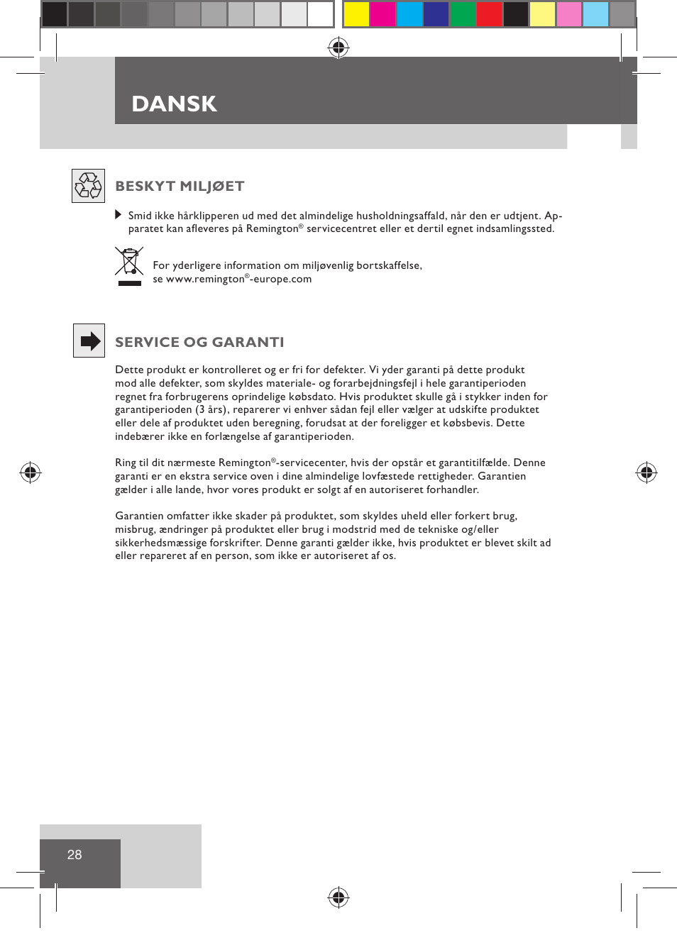 Dansk, Beskyt miljøet, Service og garanti | Remington HC5015 User Manual | Page 30 / 90