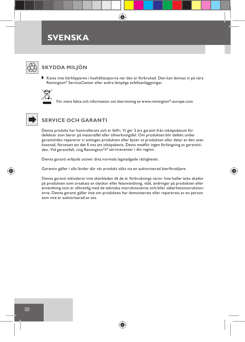 Svenska, Skydda miljön, Service och garanti | Remington HC5015 User Manual | Page 34 / 90