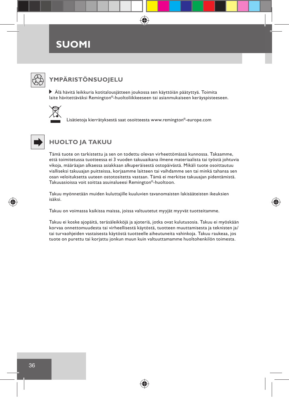 Suomi, Ympäristönsuojelu, Huolto ja takuu | Remington HC5015 User Manual | Page 38 / 90