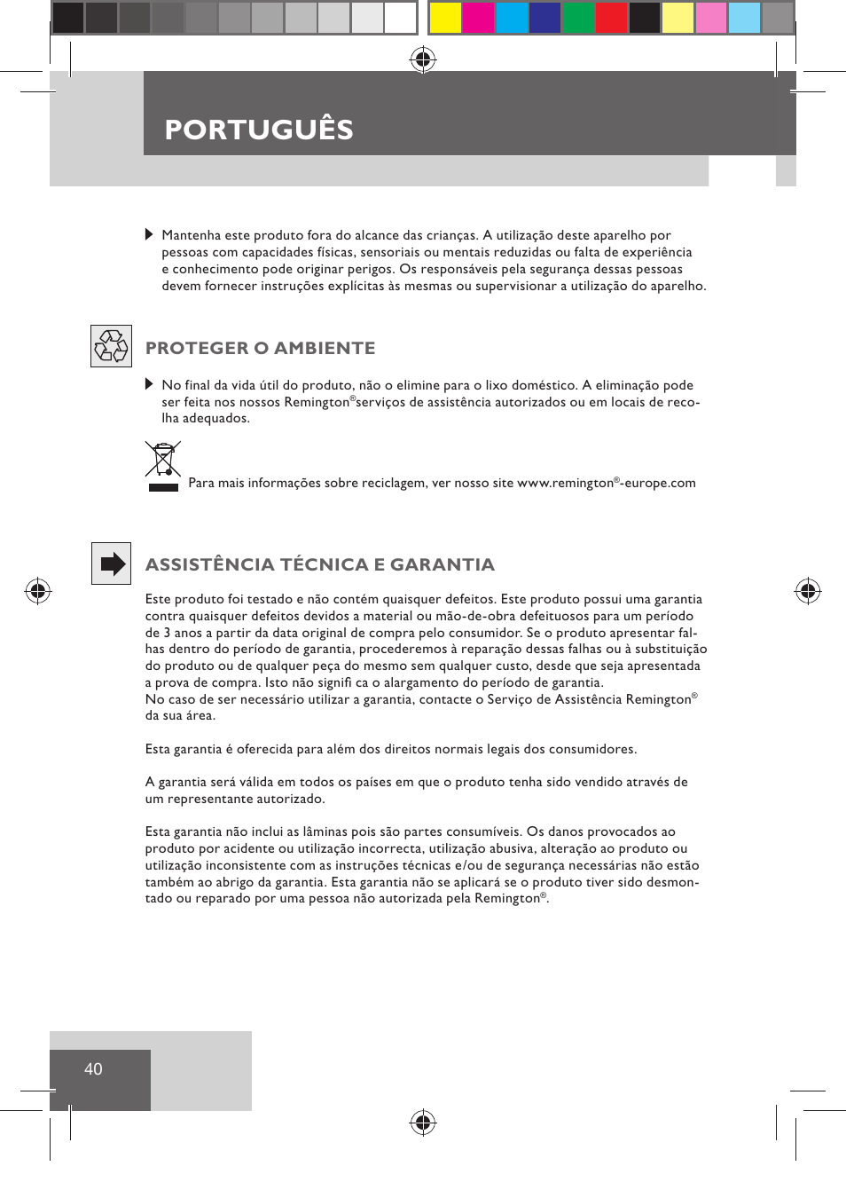 Português, Proteger o ambiente, Assistência técnica e garantia | Remington HC5015 User Manual | Page 42 / 90