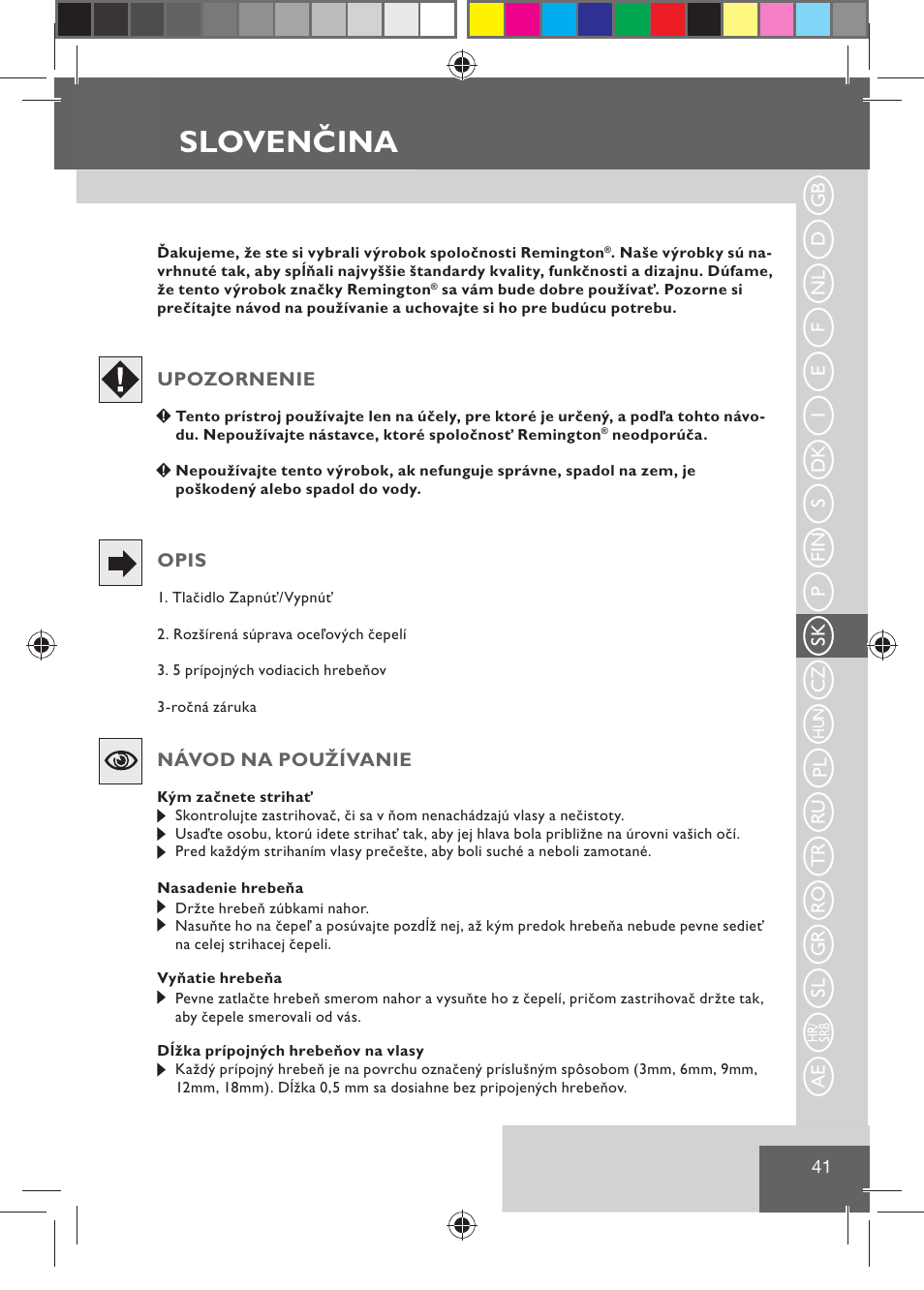 Slovenčina | Remington HC5015 User Manual | Page 43 / 90