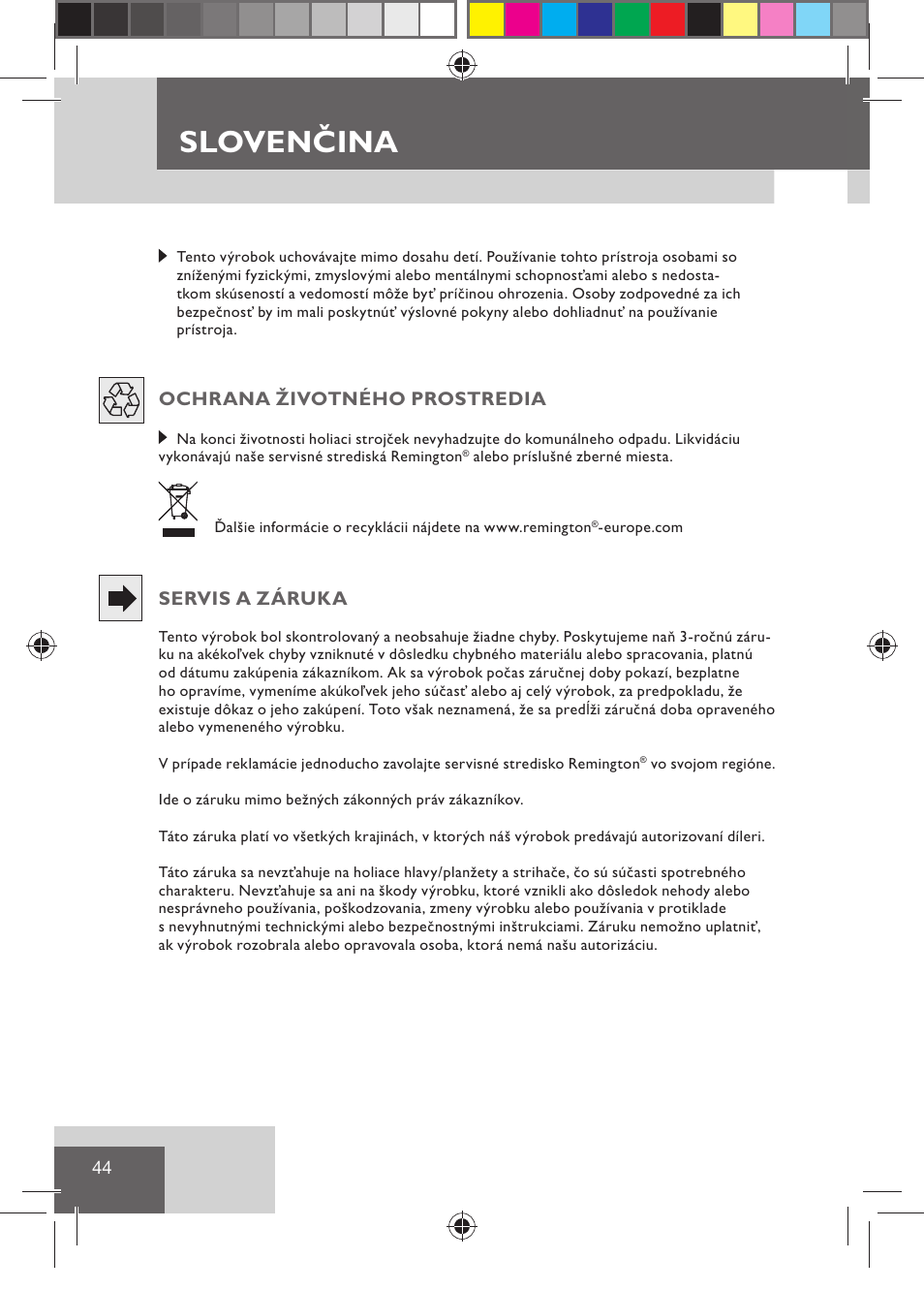 Slovenčina, Ochrana životného prostredia, Servis a záruka | Remington HC5015 User Manual | Page 46 / 90