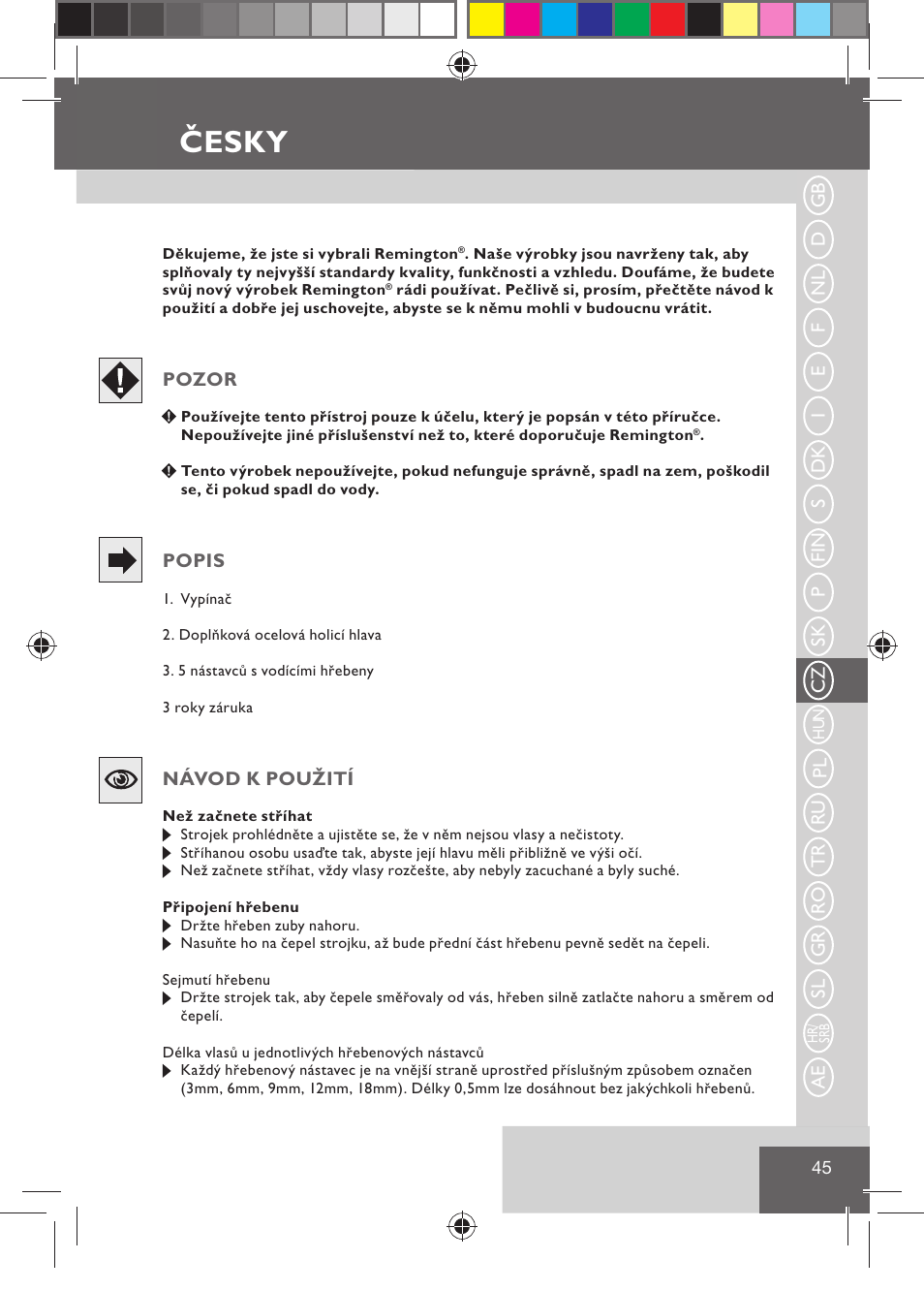 Česky | Remington HC5015 User Manual | Page 47 / 90