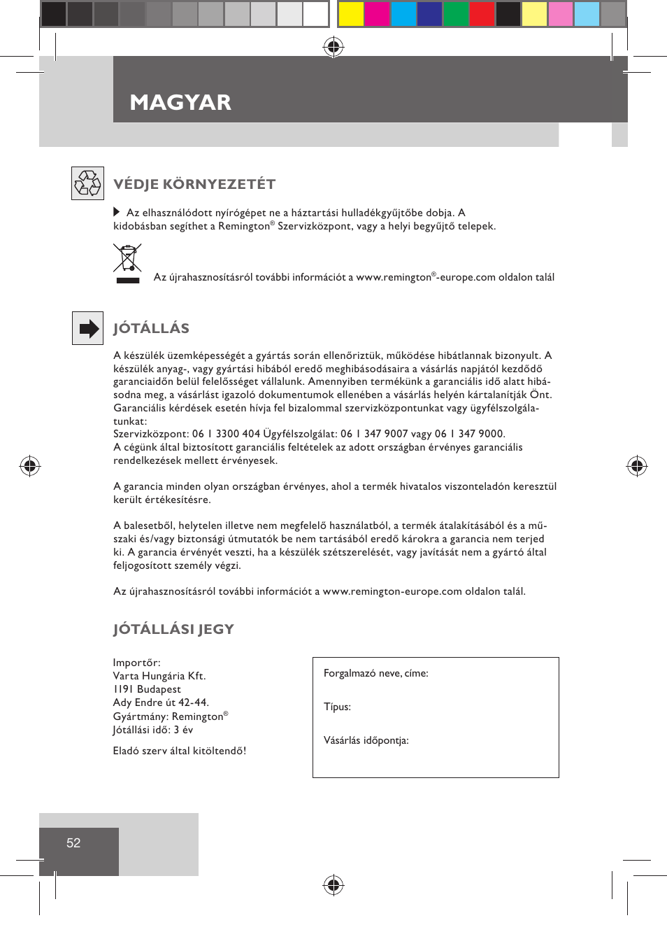 Magyar, Védje környezetét, Jótállás | Jótállási jegy | Remington HC5015 User Manual | Page 54 / 90