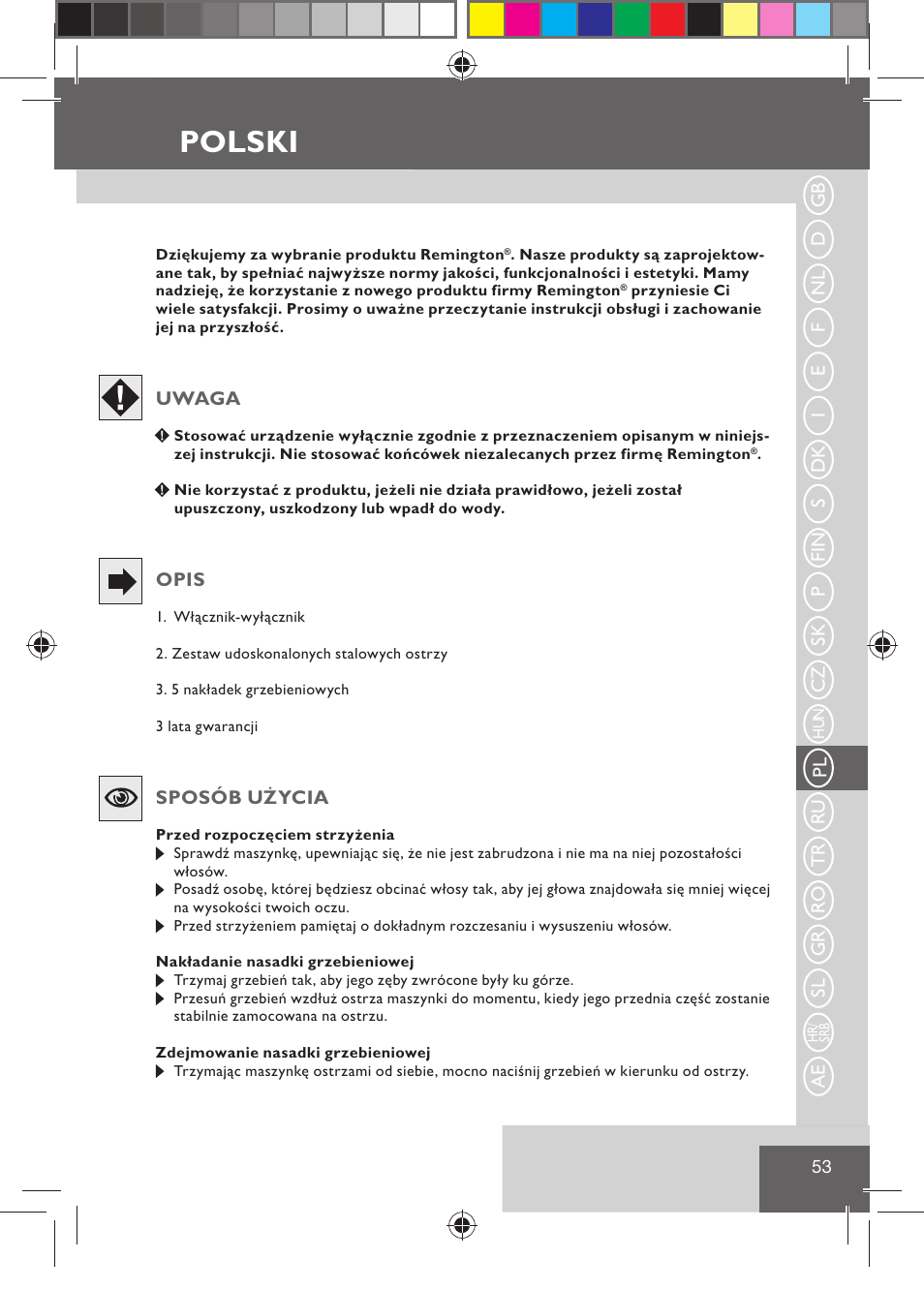 Polski | Remington HC5015 User Manual | Page 55 / 90
