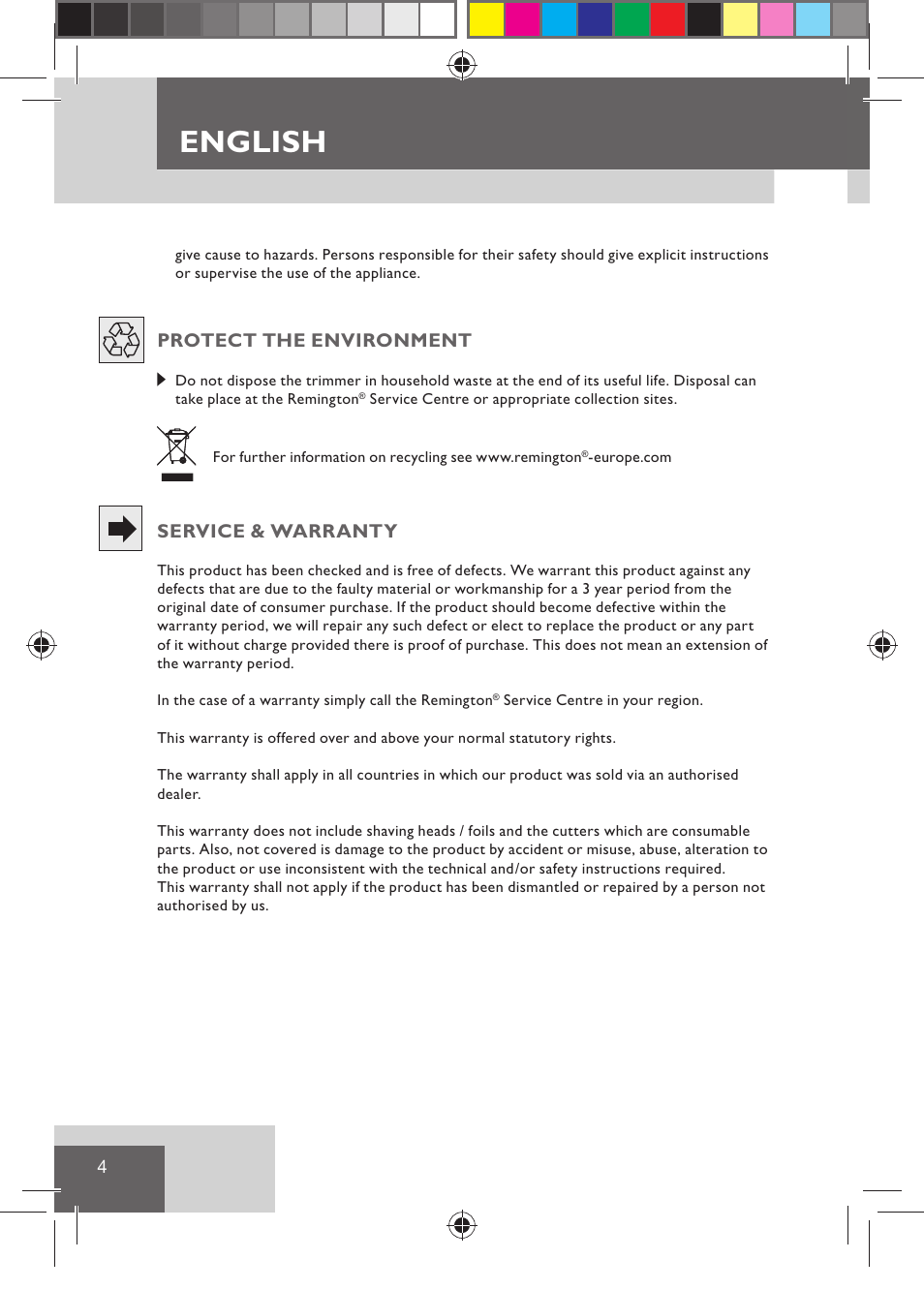 English, Protect the environment, Service & warranty | Remington HC5015 User Manual | Page 6 / 90