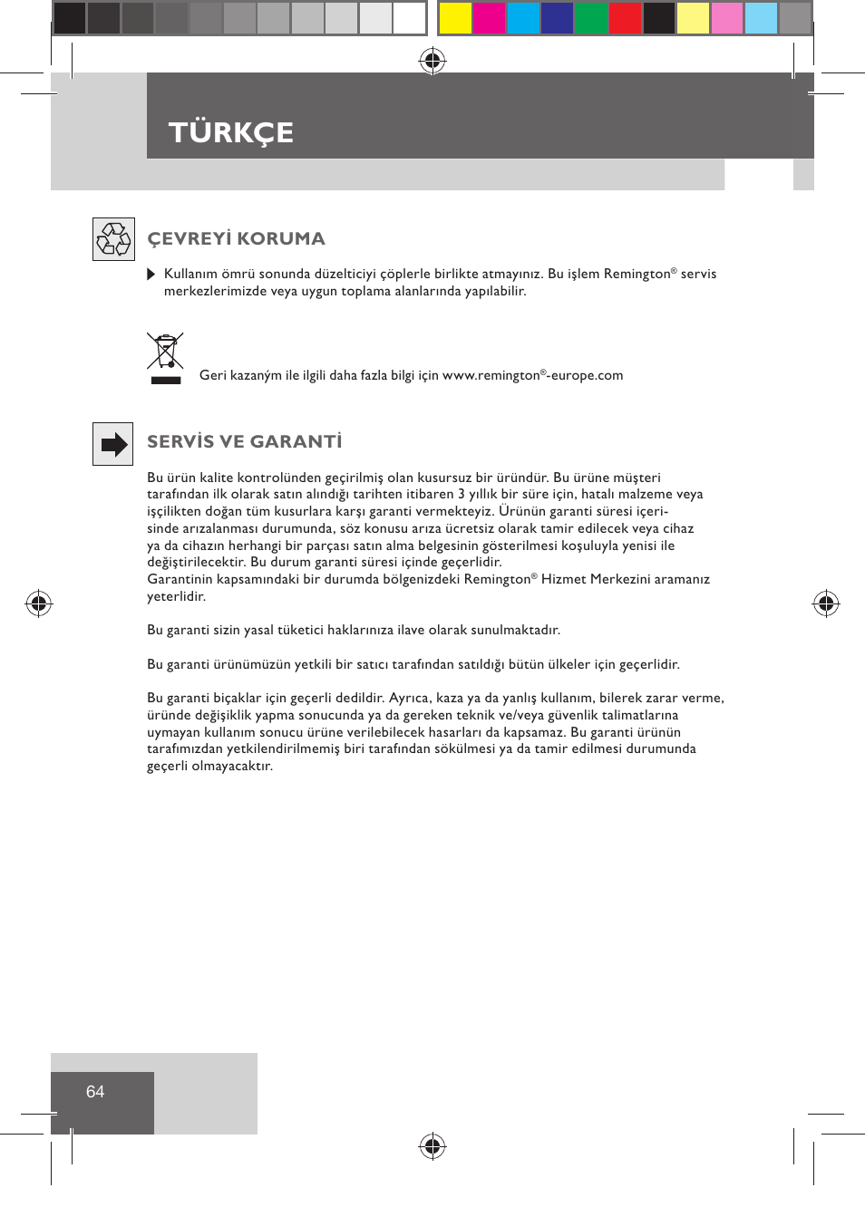 Türkçe, Çevreyi koruma, Servis ve garanti | Remington HC5015 User Manual | Page 66 / 90