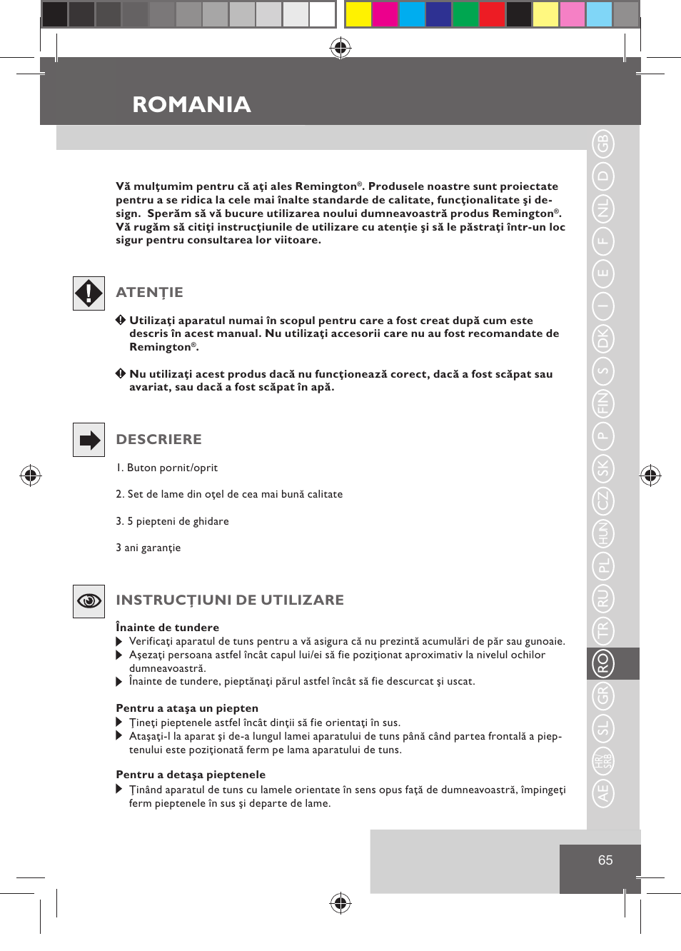 Romania | Remington HC5015 User Manual | Page 67 / 90