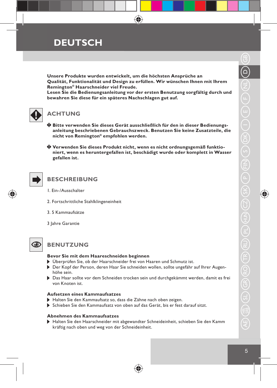 Deutsch | Remington HC5015 User Manual | Page 7 / 90