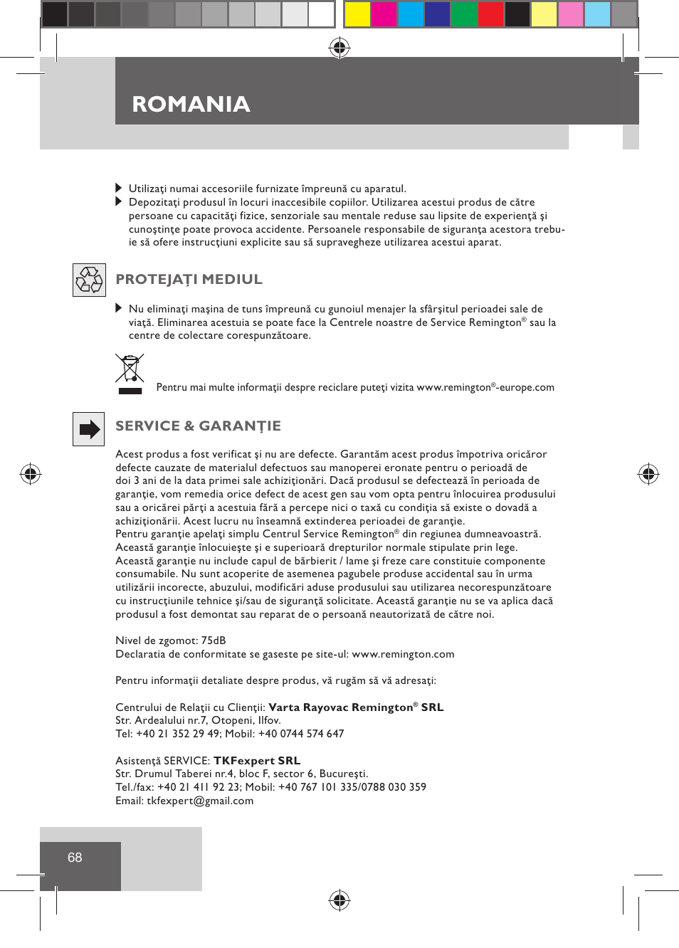 Romania, Protejaţi mediul, Service & garanţie | Remington HC5015 User Manual | Page 70 / 90