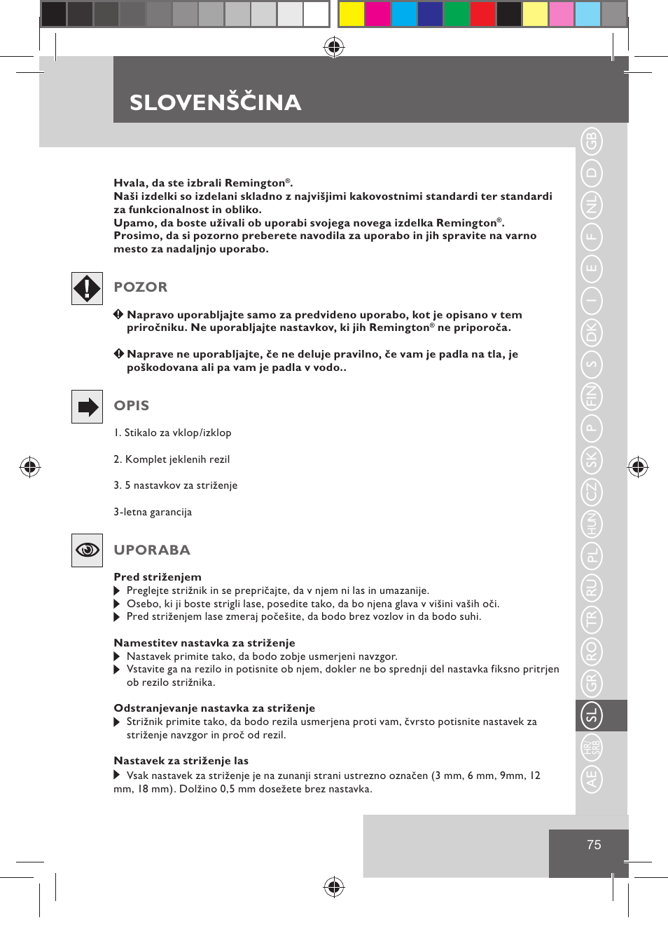 Slovenščina | Remington HC5015 User Manual | Page 77 / 90