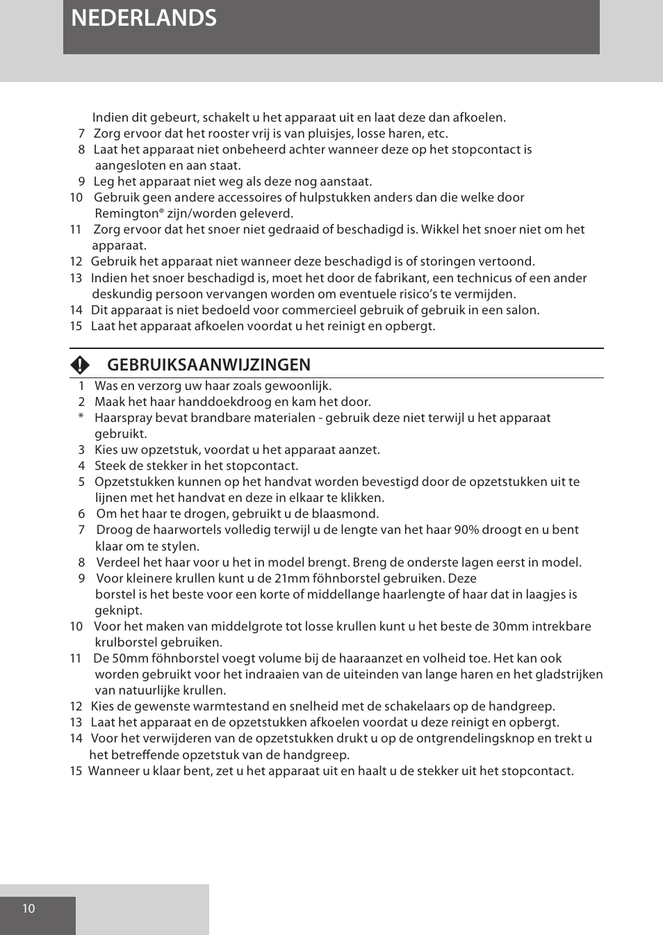 Nederlands, Fgebruiksaanwijzingen | Remington AS7051 User Manual | Page 10 / 72