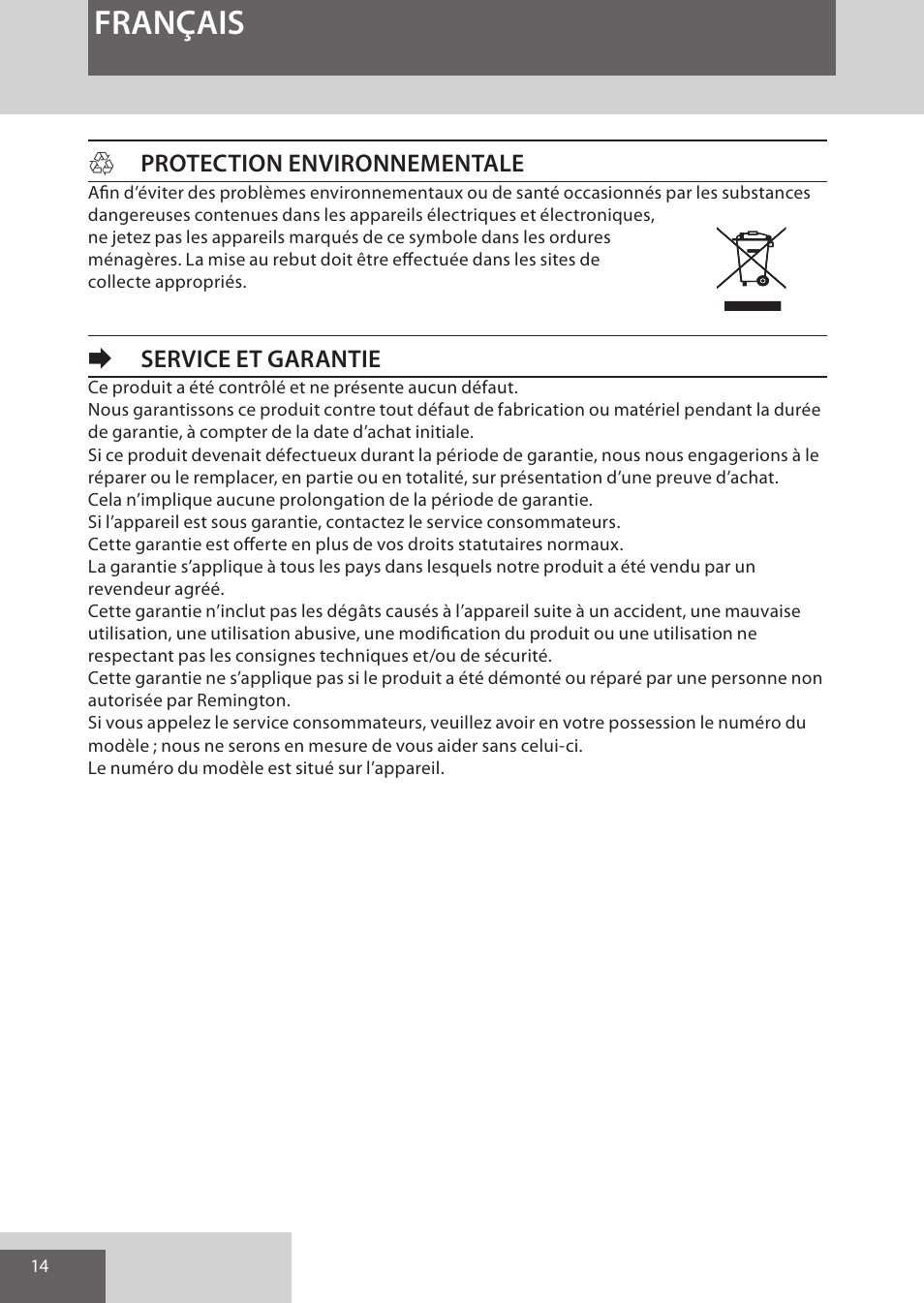 Français, Hprotection environnementale, Eservice et garantie | Remington AS7051 User Manual | Page 14 / 72