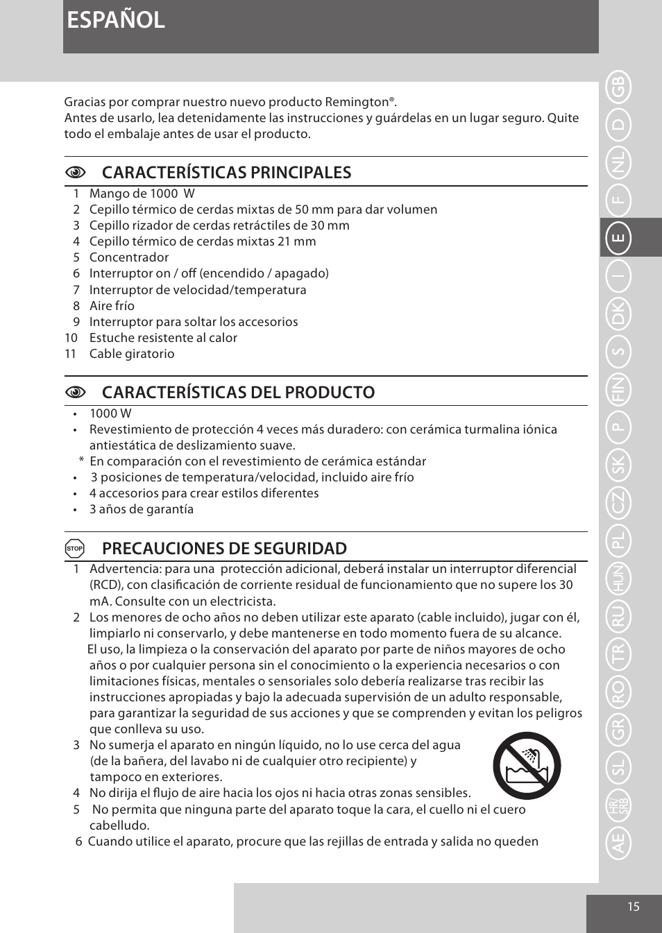 Español, Ccaracterísticas principales, Ccaracterísticas del producto | Aprecauciones de seguridad | Remington AS7051 User Manual | Page 15 / 72