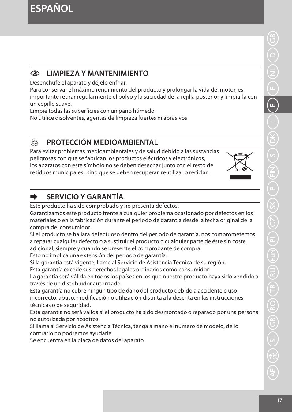 Español, Climpieza y mantenimiento, Hprotección medioambiental | Eservicio y garantía | Remington AS7051 User Manual | Page 17 / 72