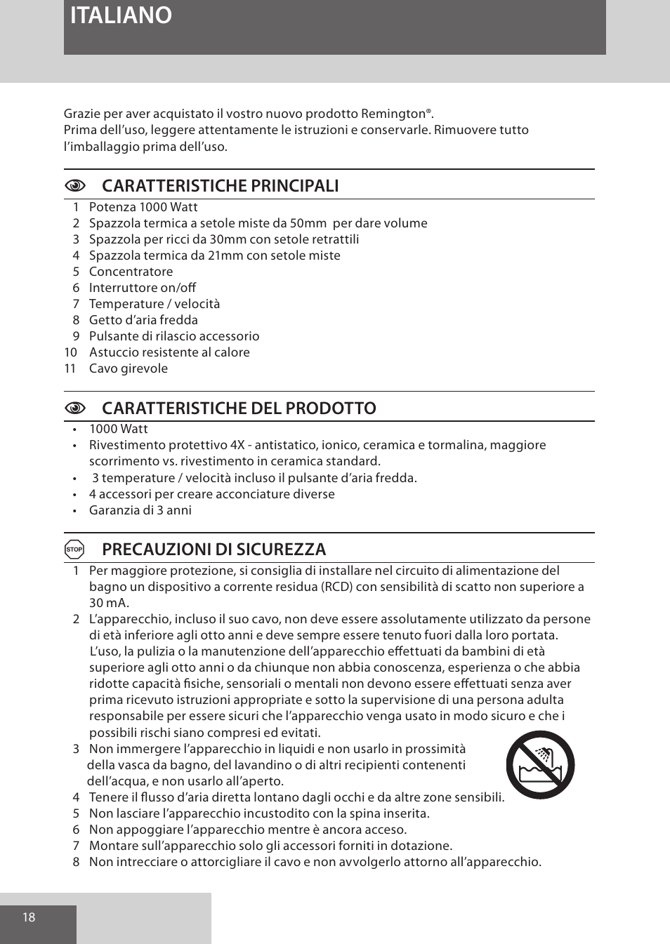 Italiano, Ccaratteristiche principali, Ccaratteristiche del prodotto | Aprecauzioni di sicurezza | Remington AS7051 User Manual | Page 18 / 72