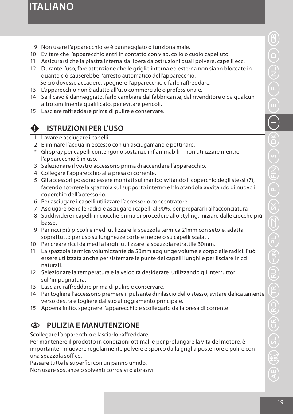 Italiano, Fistruzioni per l’uso, Cpulizia e manutenzione | Remington AS7051 User Manual | Page 19 / 72