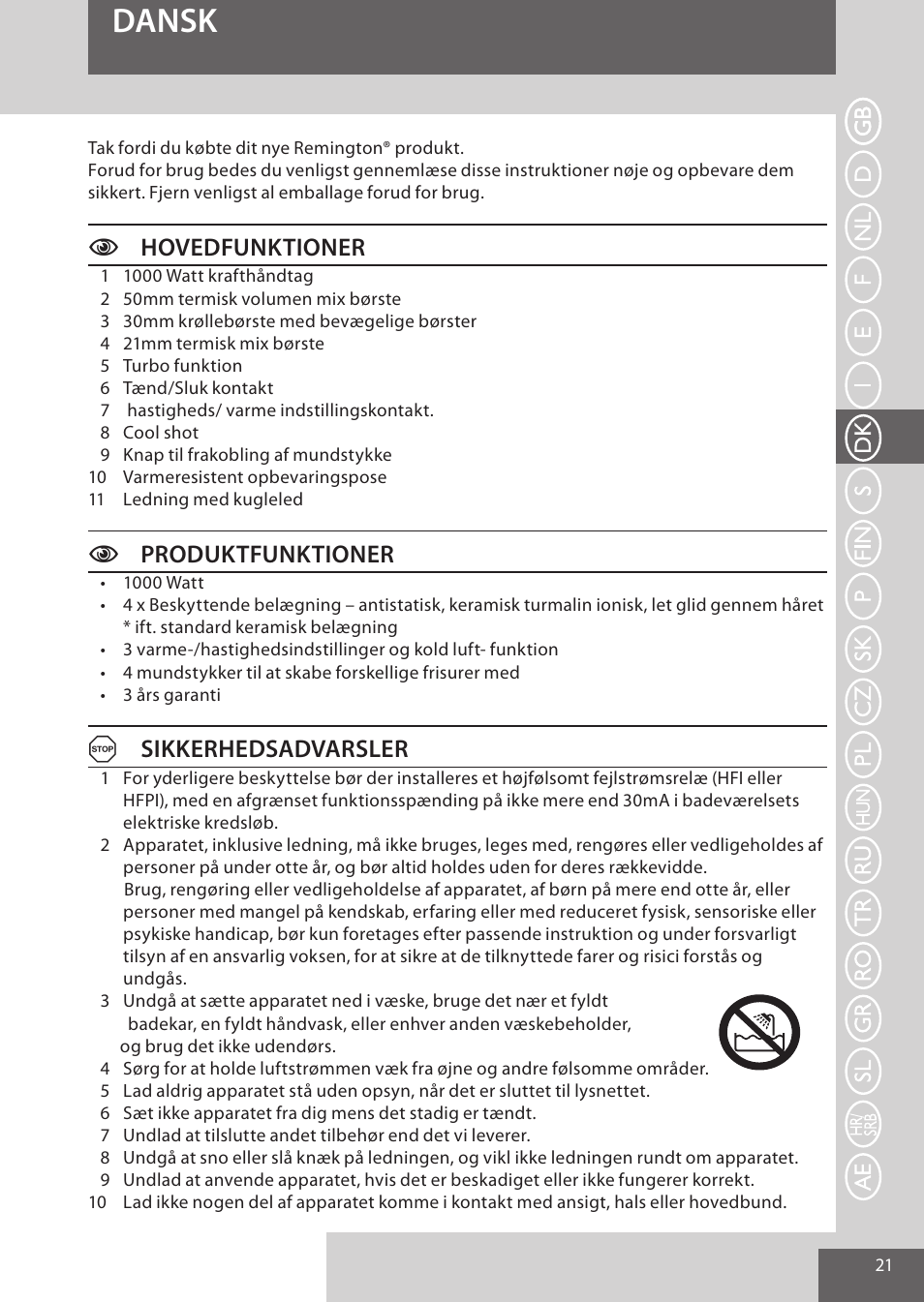 Dansk, Chovedfunktioner, Cproduktfunktioner | Asikkerhedsadvarsler | Remington AS7051 User Manual | Page 21 / 72