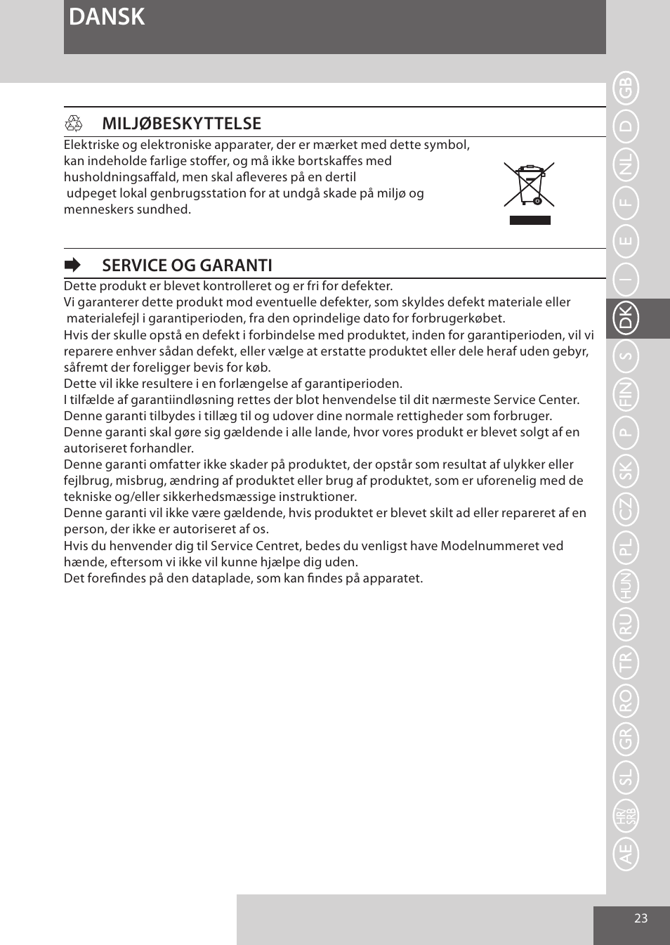 Dansk, Hmiljøbeskyttelse, Eservice og garanti | Remington AS7051 User Manual | Page 23 / 72