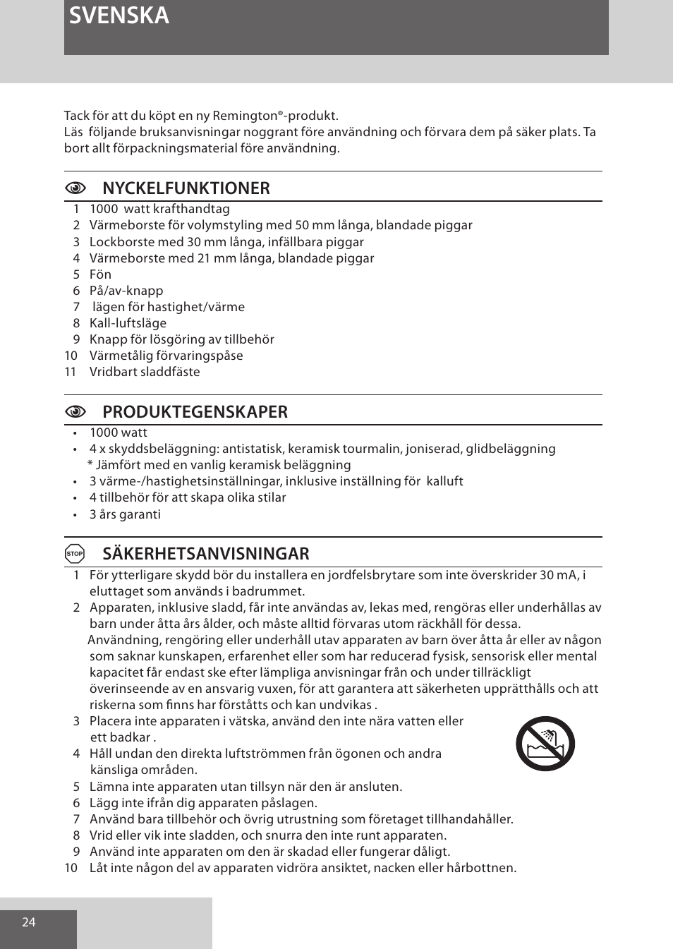 Svenska, Cnyckelfunktioner, Cproduktegenskaper | Asäkerhetsanvisningar | Remington AS7051 User Manual | Page 24 / 72