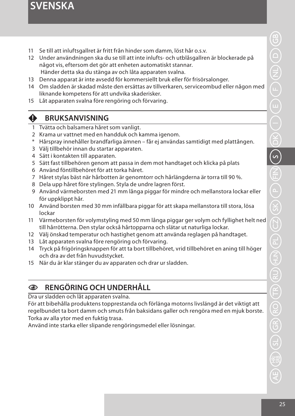 Svenska, Fbruksanvisning, Crengöring och underhåll | Remington AS7051 User Manual | Page 25 / 72