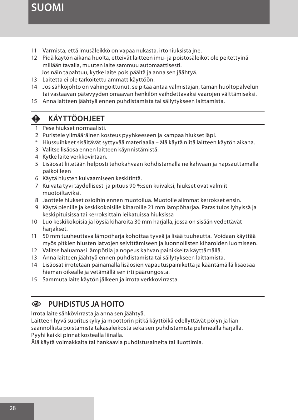 Suomi, Fkäyttöohjeet, Cpuhdistus ja hoito | Remington AS7051 User Manual | Page 28 / 72