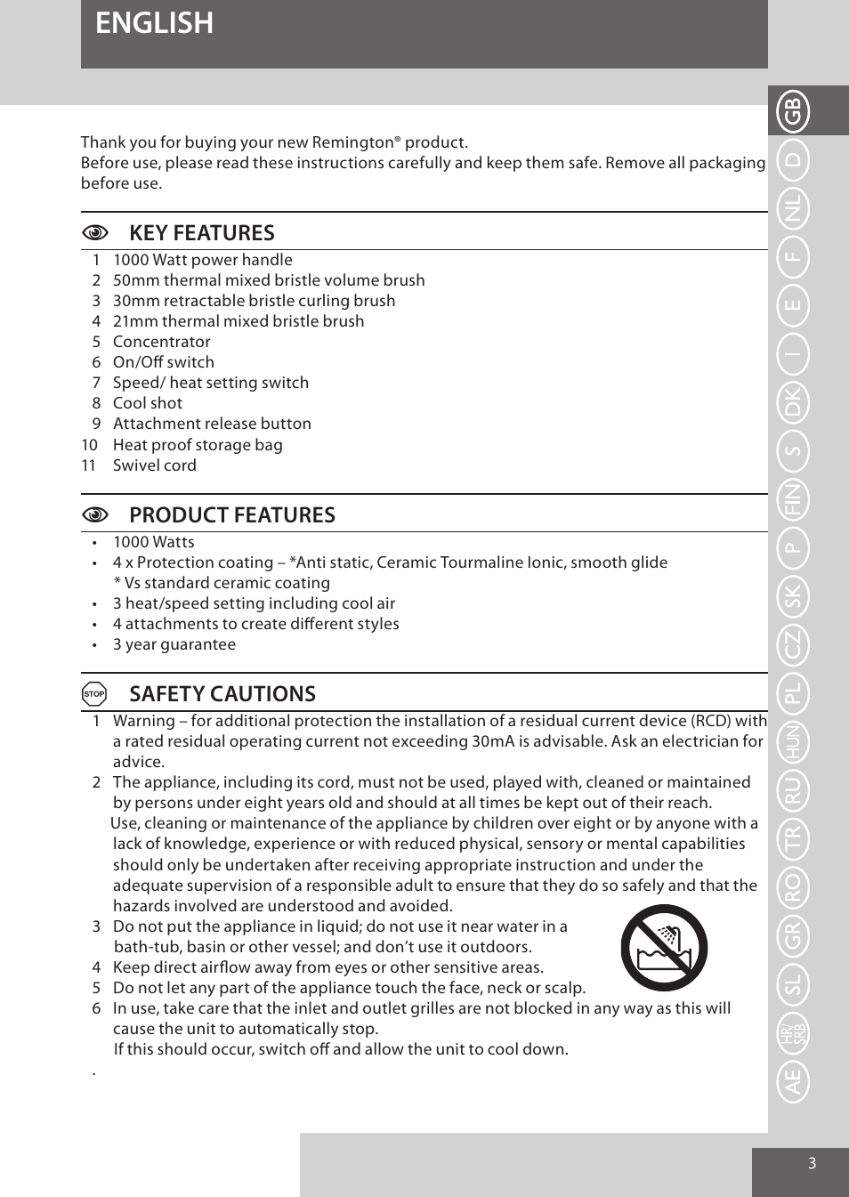 English, Key features, Cproduct features | Asafety cautions | Remington AS7051 User Manual | Page 3 / 72