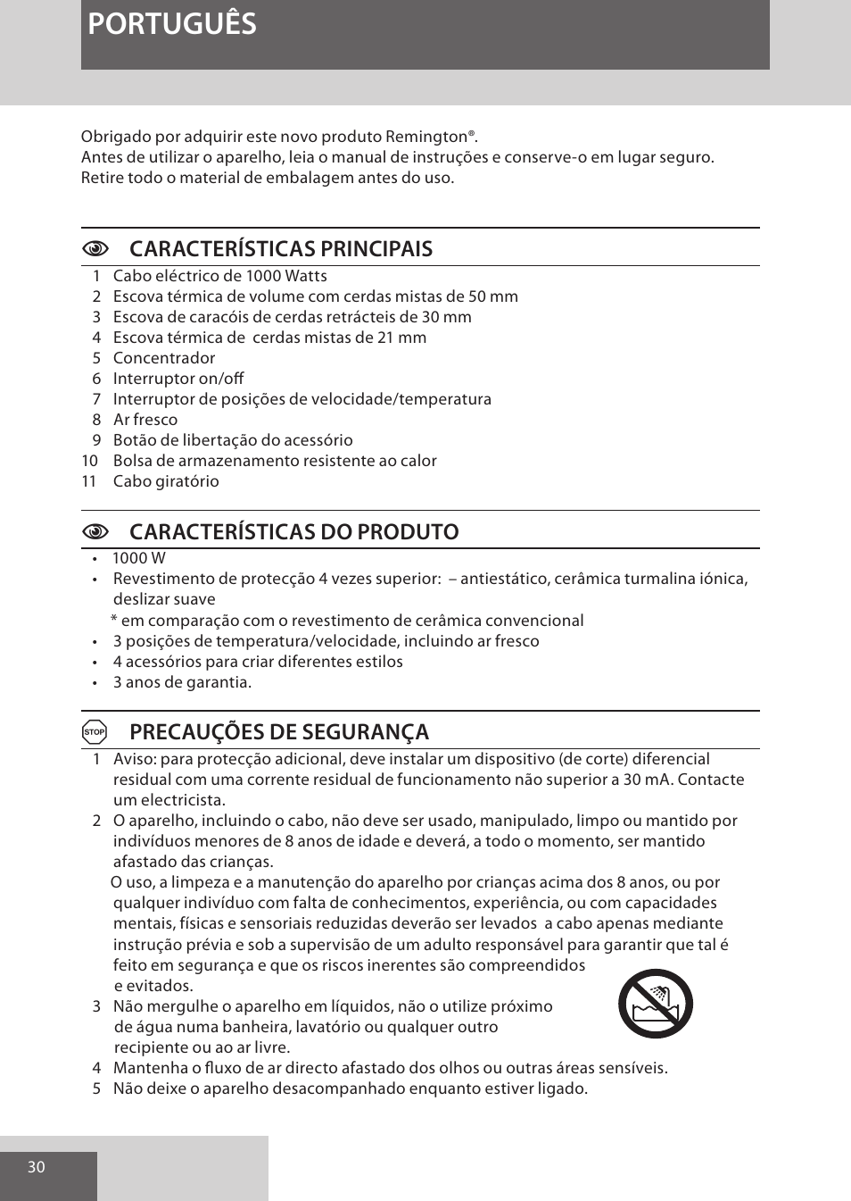 Português, Ccaracterísticas principais, Ccaracterísticas do produto | Aprecauções de segurança | Remington AS7051 User Manual | Page 30 / 72