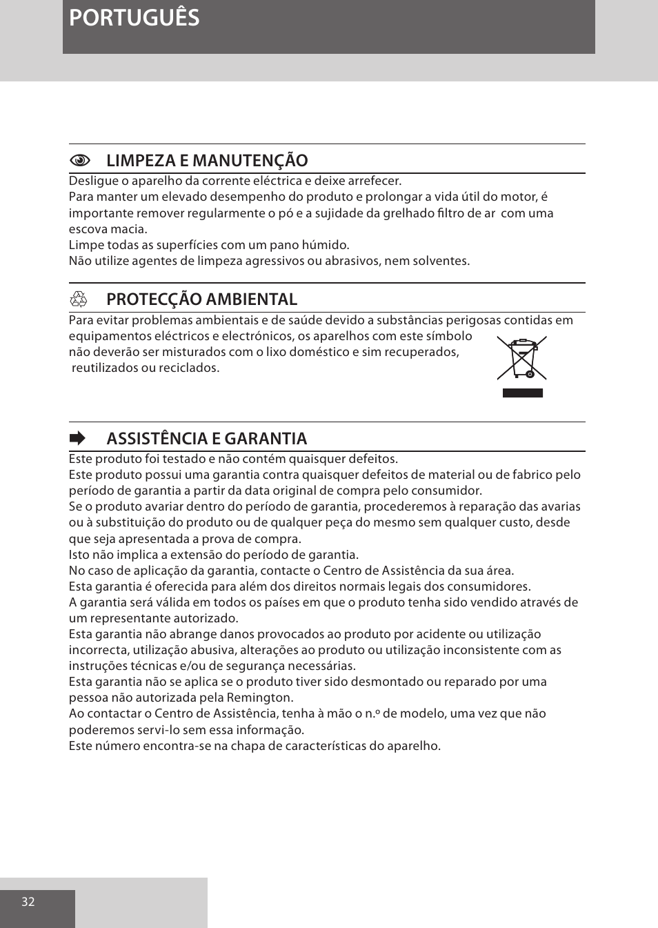 Português, Climpeza e manutenção, Hprotecção ambiental | Eassistência e garantia | Remington AS7051 User Manual | Page 32 / 72