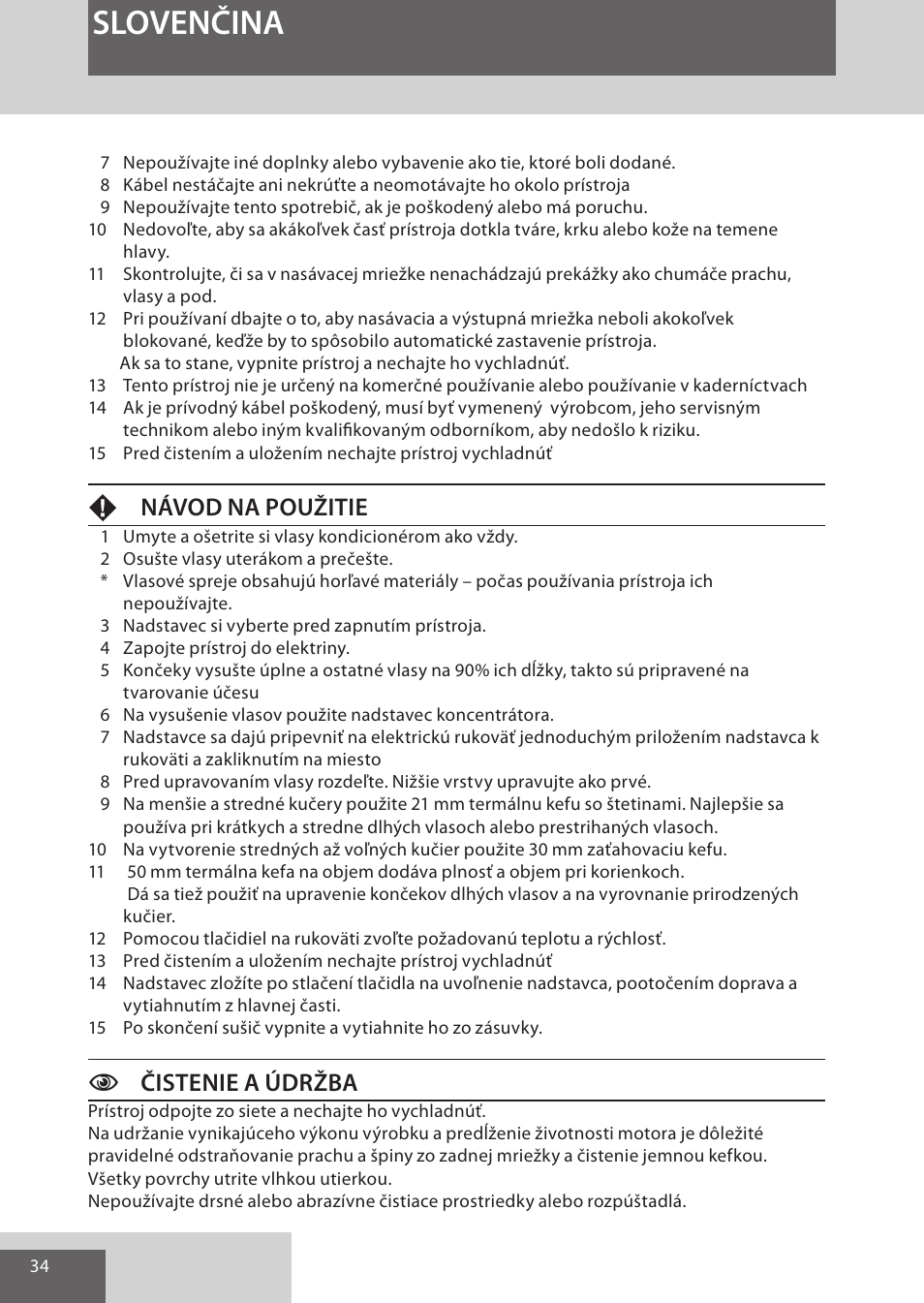 Slovenčina, Fnávod na použitie, Cčistenie a údržba | Remington AS7051 User Manual | Page 34 / 72