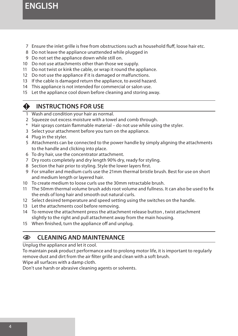 English, Finstructions for use, Ccleaning and maintenance | Remington AS7051 User Manual | Page 4 / 72