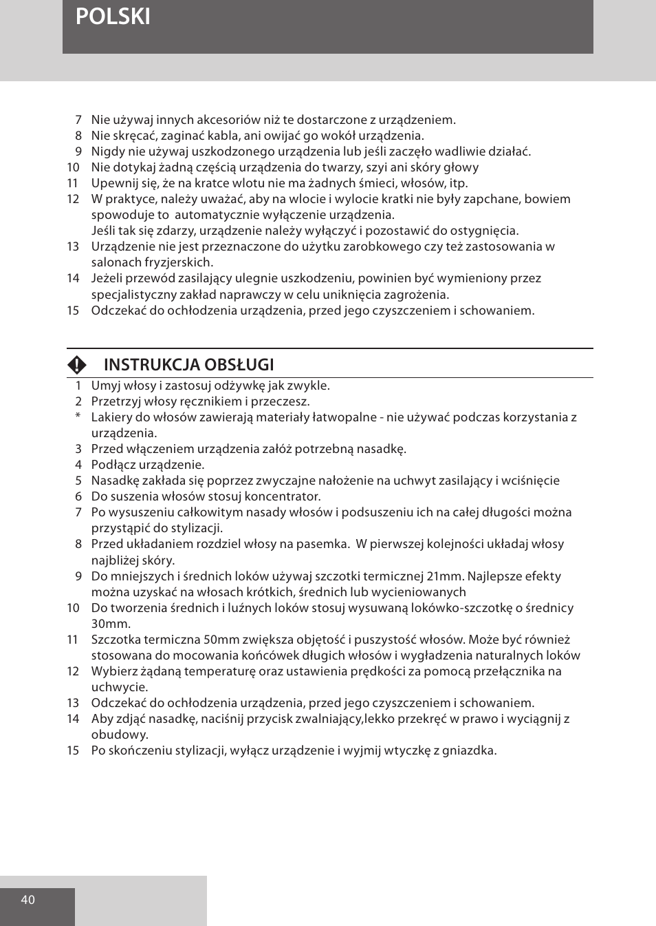 Polski, Finstrukcja obsługi | Remington AS7051 User Manual | Page 40 / 72