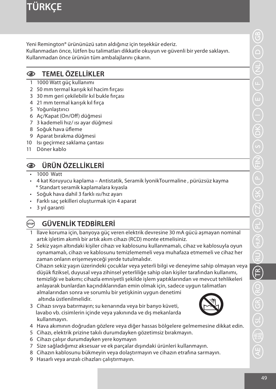 Türkçe, Ctemel özellikler, Cürün özellikleri | Agüvenlik tedbirleri | Remington AS7051 User Manual | Page 49 / 72