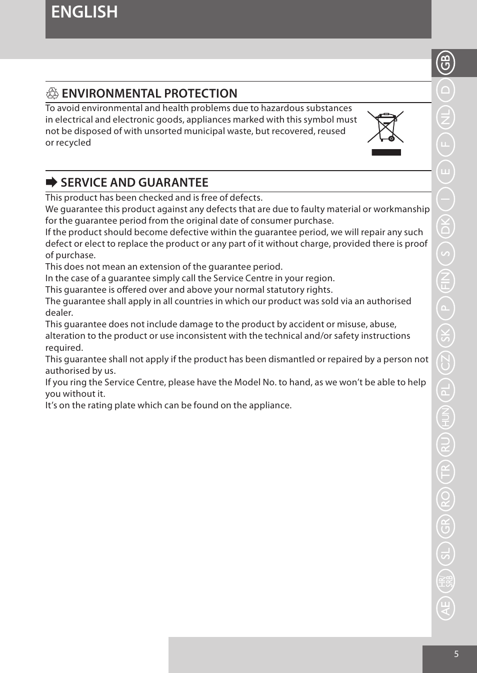 English, Henvironmental protection, Eservice and guarantee | Remington AS7051 User Manual | Page 5 / 72