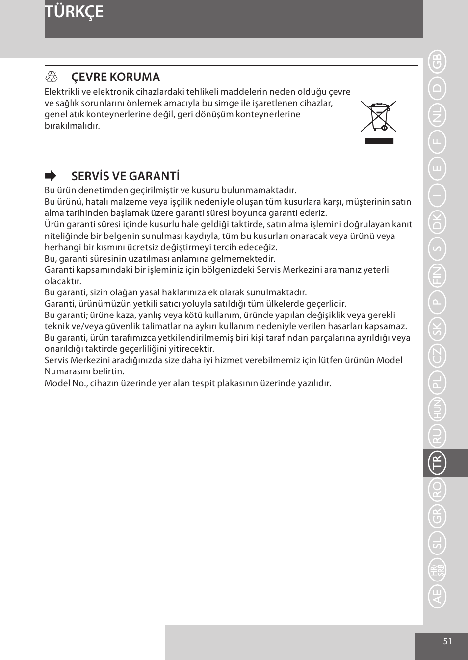 Türkçe, Hçevre koruma, Eservis ve garanti | Remington AS7051 User Manual | Page 51 / 72