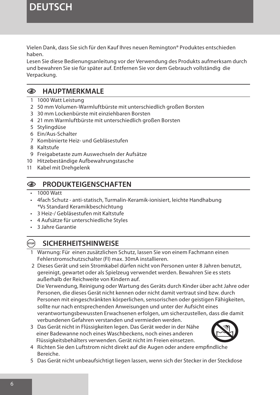 Deutsch, Chauptmerkmale, Cprodukteigenschaften | Asicherheitshinweise | Remington AS7051 User Manual | Page 6 / 72