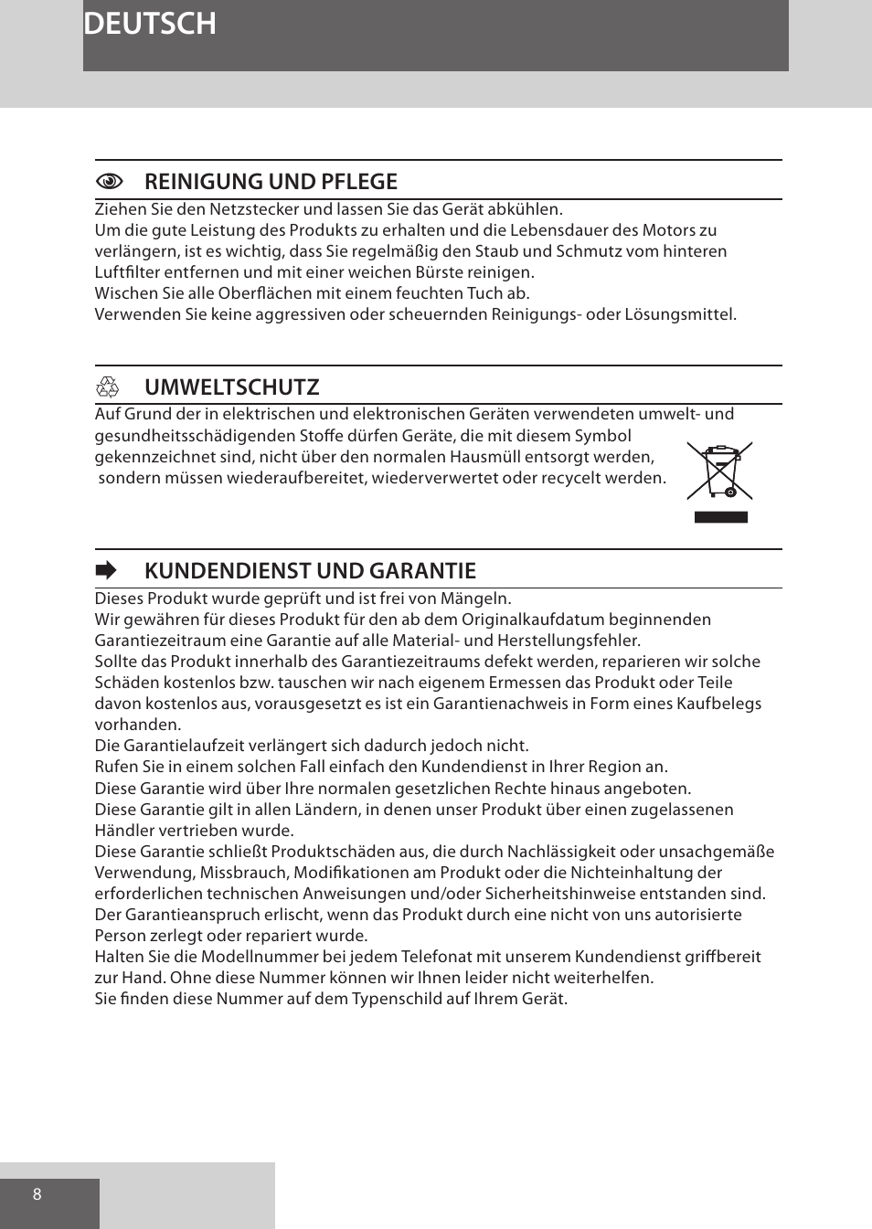 Deutsch, Creinigung und pflege, Humweltschutz | Ekundendienst und garantie | Remington AS7051 User Manual | Page 8 / 72