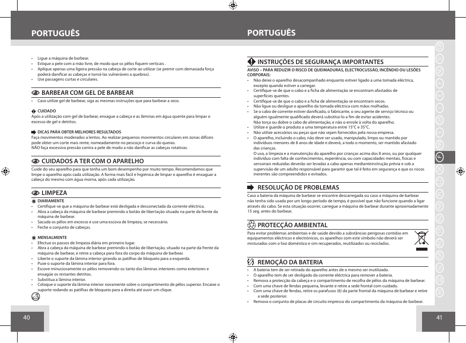 Português, Barbear com gel de barbear, Cuidados a ter com o aparelho | Limpeza, Instruções de segurança importantes, Resolução de problemas, Protecção ambiental, Remoção da bateria | Remington AQ7 User Manual | Page 21 / 45