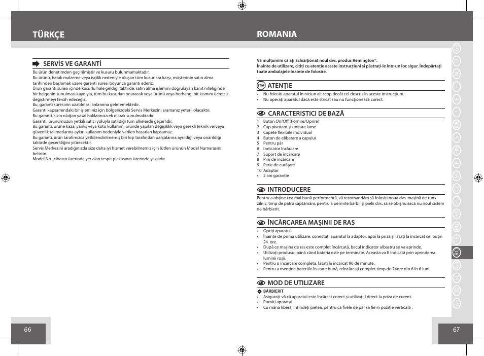 Türkçe, Romania | Remington AQ7 User Manual | Page 34 / 45