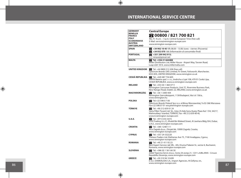 International service centre | Remington AQ7 User Manual | Page 44 / 45