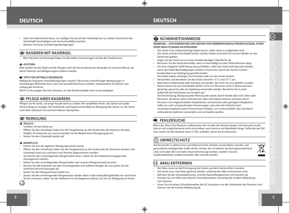 Deutsch, Rasieren mit rasiergel, Pflege ihres rasierers | Reinigung, Sicherheitshinweise, Fehlersuche, Umweltschutz, Akku entfernen | Remington AQ7 User Manual | Page 5 / 45