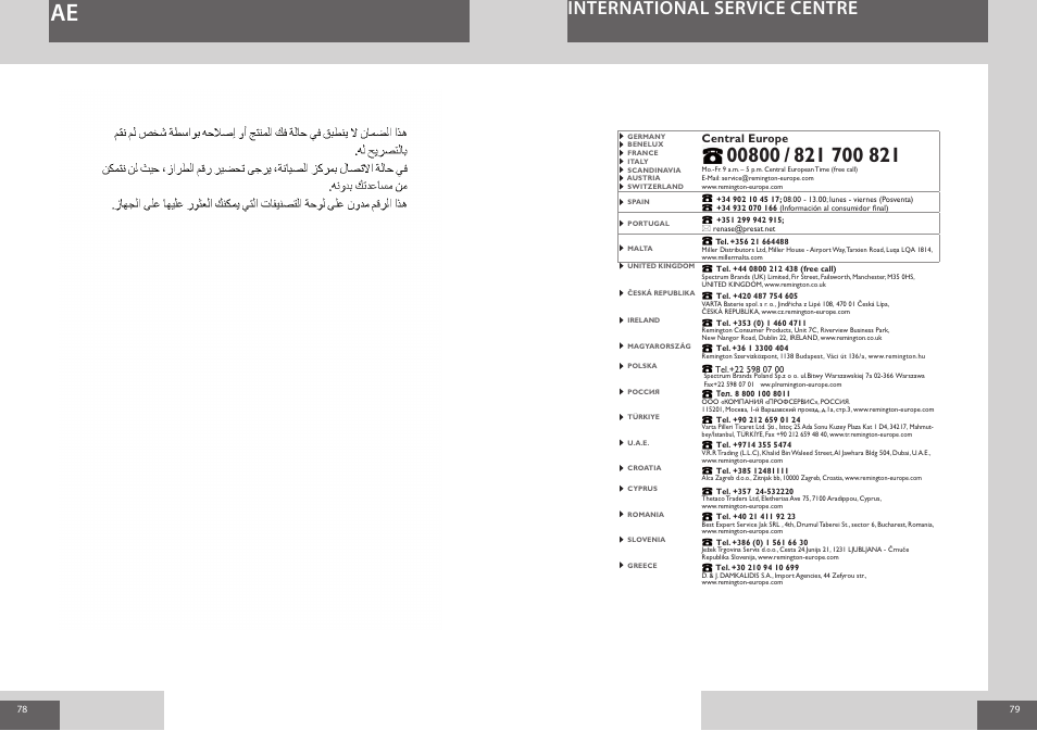 International service centre, Central europe | Remington S8510 User Manual | Page 40 / 41