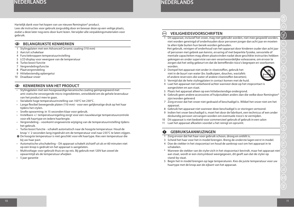 Nederlands | Remington S8510 User Manual | Page 6 / 41