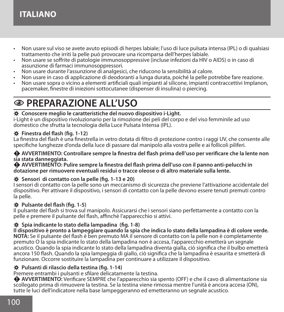 Preparazione all’uso, 100 italiano | Remington IPL6000F User Manual | Page 100 / 204