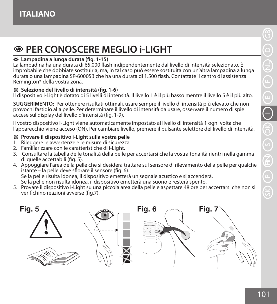 Per conoscere meglio i-light, 101 italiano | Remington IPL6000F User Manual | Page 101 / 204