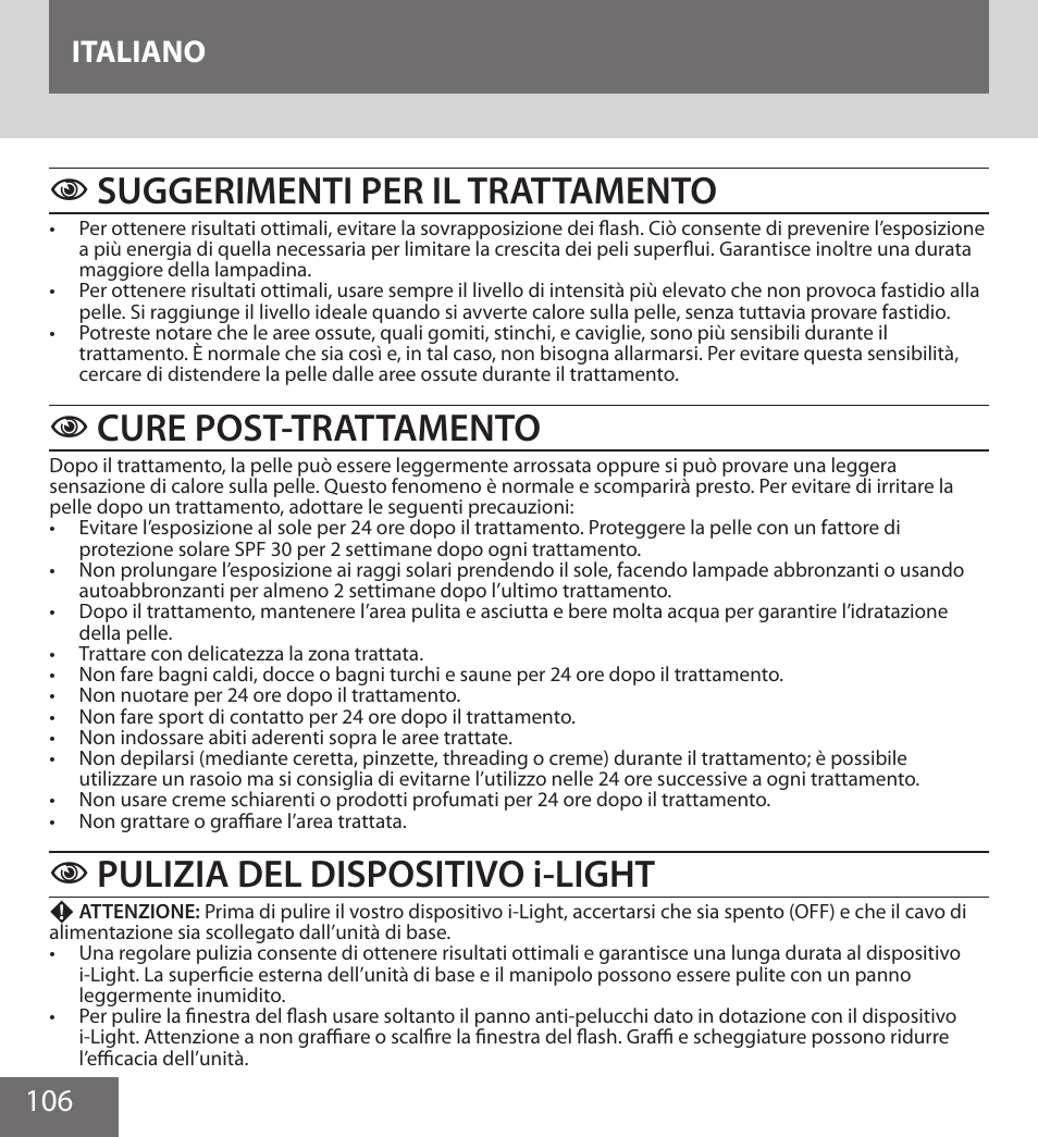 Suggerimenti per il trattamento, Cure post-trattamento, Pulizia del dispositivo i-light | 106 italiano | Remington IPL6000F User Manual | Page 106 / 204