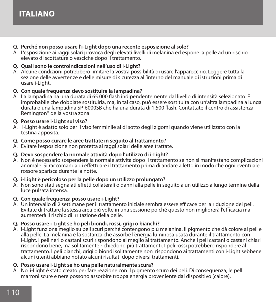 110 italiano | Remington IPL6000F User Manual | Page 110 / 204