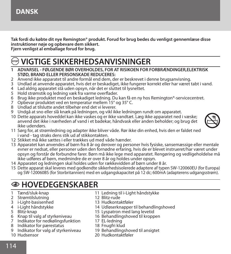 Vigtige sikkerhedsanvisninger, Hovedegenskaber, 114 dansk | Remington IPL6000F User Manual | Page 114 / 204